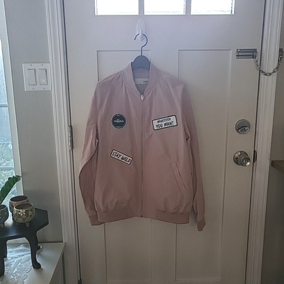 New MIXXO Pink Cotton Blend Bomber Jacket with Cute Word Patches Medium - Picture 1 of 15